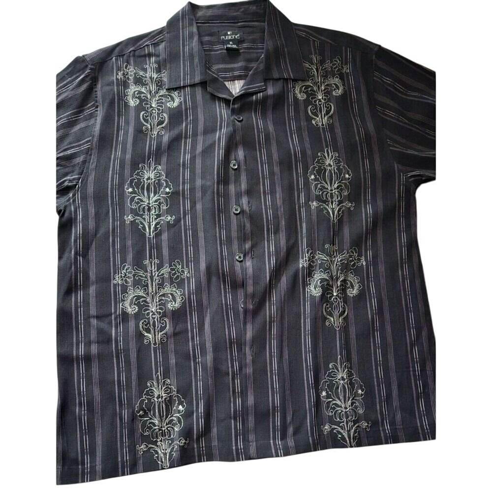 Fusione Mens XL Short Sleeve Silk Button Up Shirt Black Pinstripe Embroidered